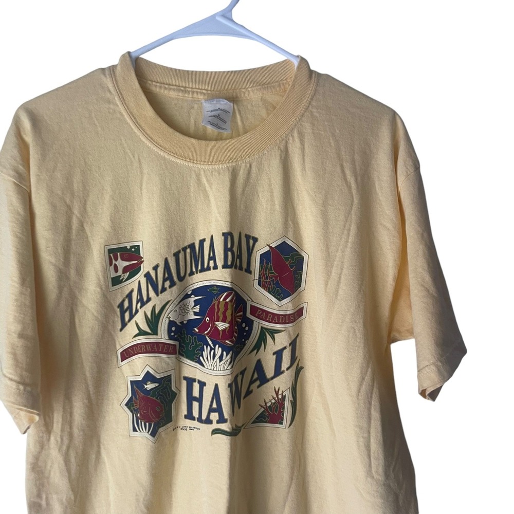 Gildan Hanauma Bay Hawaii Graphic T-Shirt Mens Large Yellow Fish Tropical Cotton